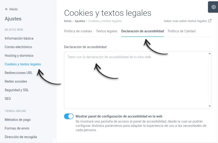 Pestaña de accesibilidad web en Ajustes, Cookies y textos legales del panel de inuub