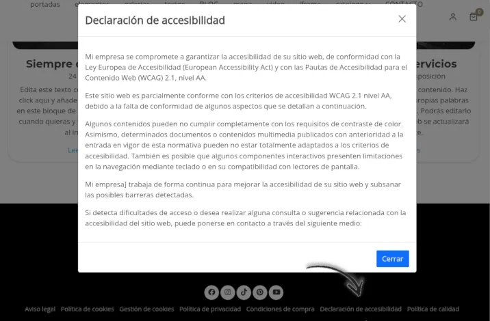 Ventana con la declaración de accesibilidad abierta desde el pie de una web inuub