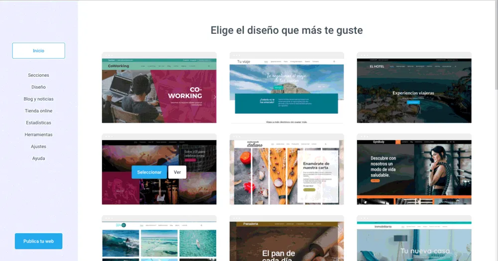 Selector de diseños del panel de inuub con plantillas de coworking, viajes, hotel y restaurante