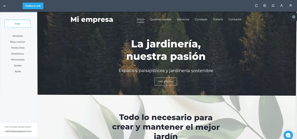 Panel de inuub con la vista previa de una página web de jardinería