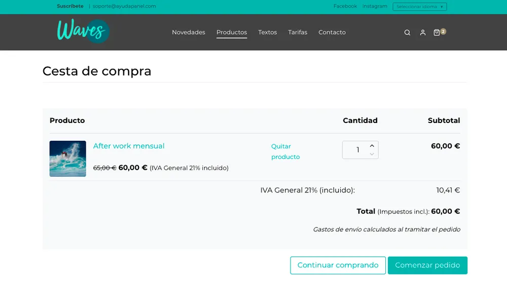 Cesta de la compra de una tienda online inuub con un producto y el total con IVA