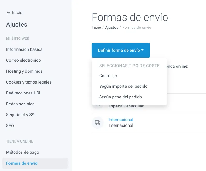 Menú para definir la forma de envío en el panel de inuub: coste fijo, según importe o según peso