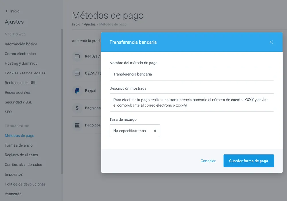 Configuración del pago por transferencia bancaria en Ajustes, Métodos de pago del panel de inuub